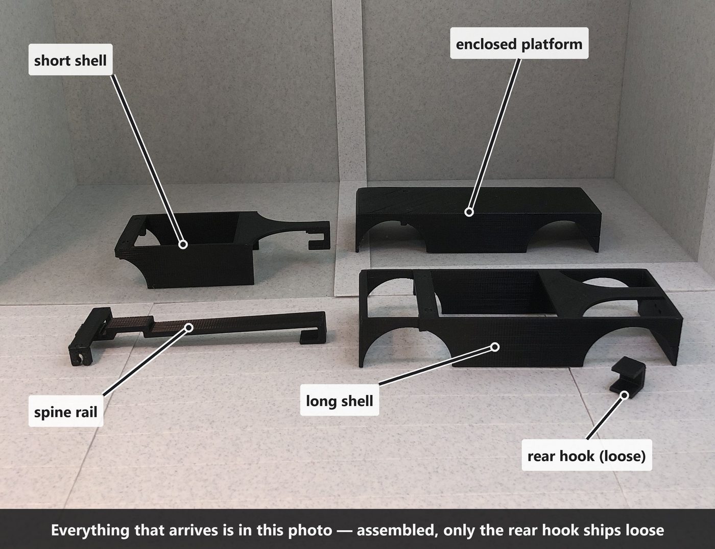 All four versions laid out flat and labelled: short shell, enclosed platform, spine rail, long shell, and the loose rear hook.